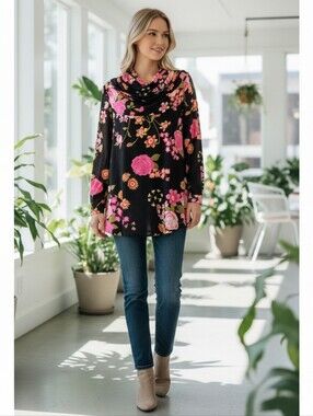 Butterfield 8 Floral Pink / Black Print Top Vintage - Large